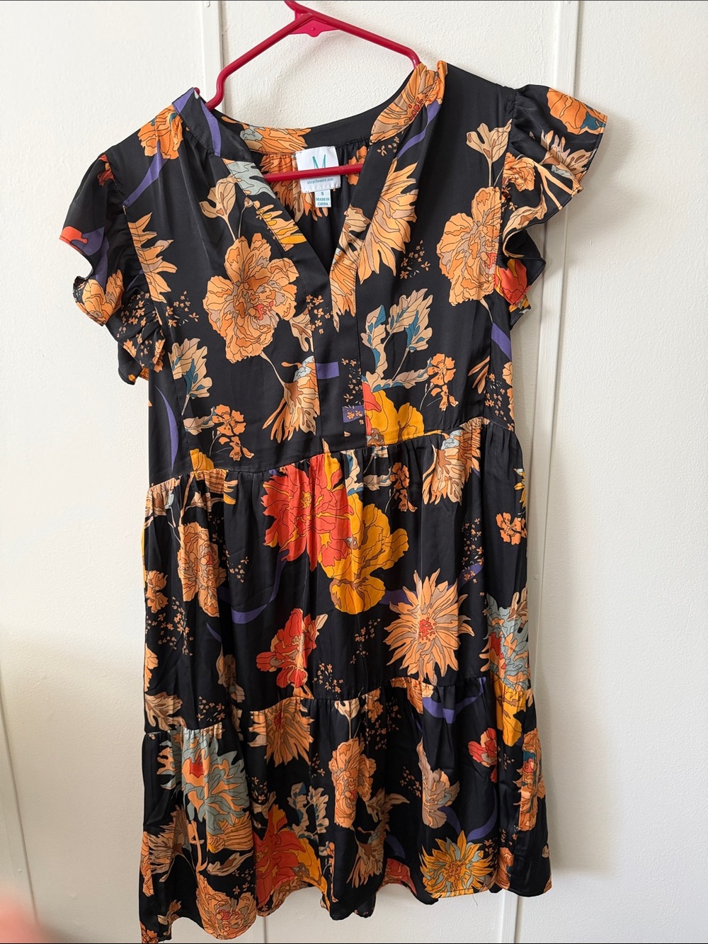 Floral Tiered Mini Dress in Black and Orange